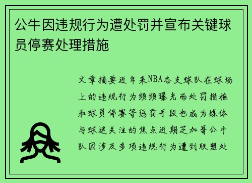 公牛因违规行为遭处罚并宣布关键球员停赛处理措施