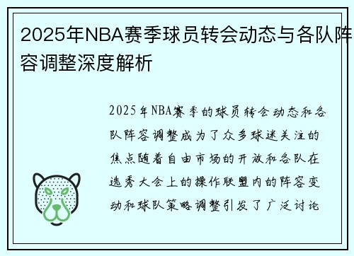 2025年NBA赛季球员转会动态与各队阵容调整深度解析
