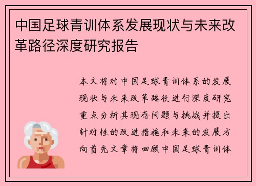 中国足球青训体系发展现状与未来改革路径深度研究报告