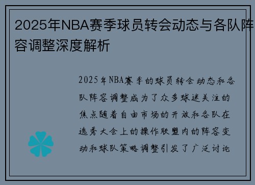 2025年NBA赛季球员转会动态与各队阵容调整深度解析 2025年NBA赛季球员转会动态与各队阵容调整深度解析